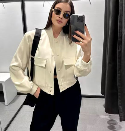 Veste Courte avec lèvent, Blouson Bombardier Blanc à Manches sulfpour Femme